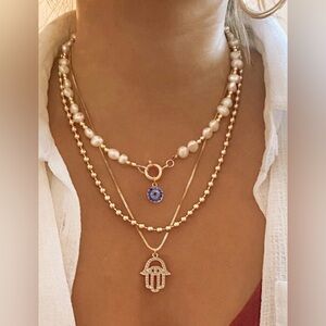 Rhinestone Eye and Hamsa Charm Layered Necklace